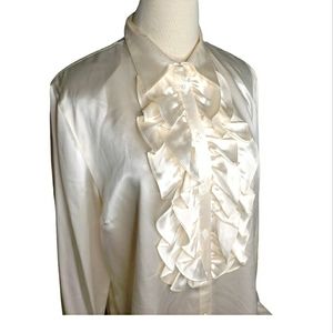 Vintage Blouse Ruffle Bibb Bodice French Cuffs Shoulder Pads Romantic Silk 80s